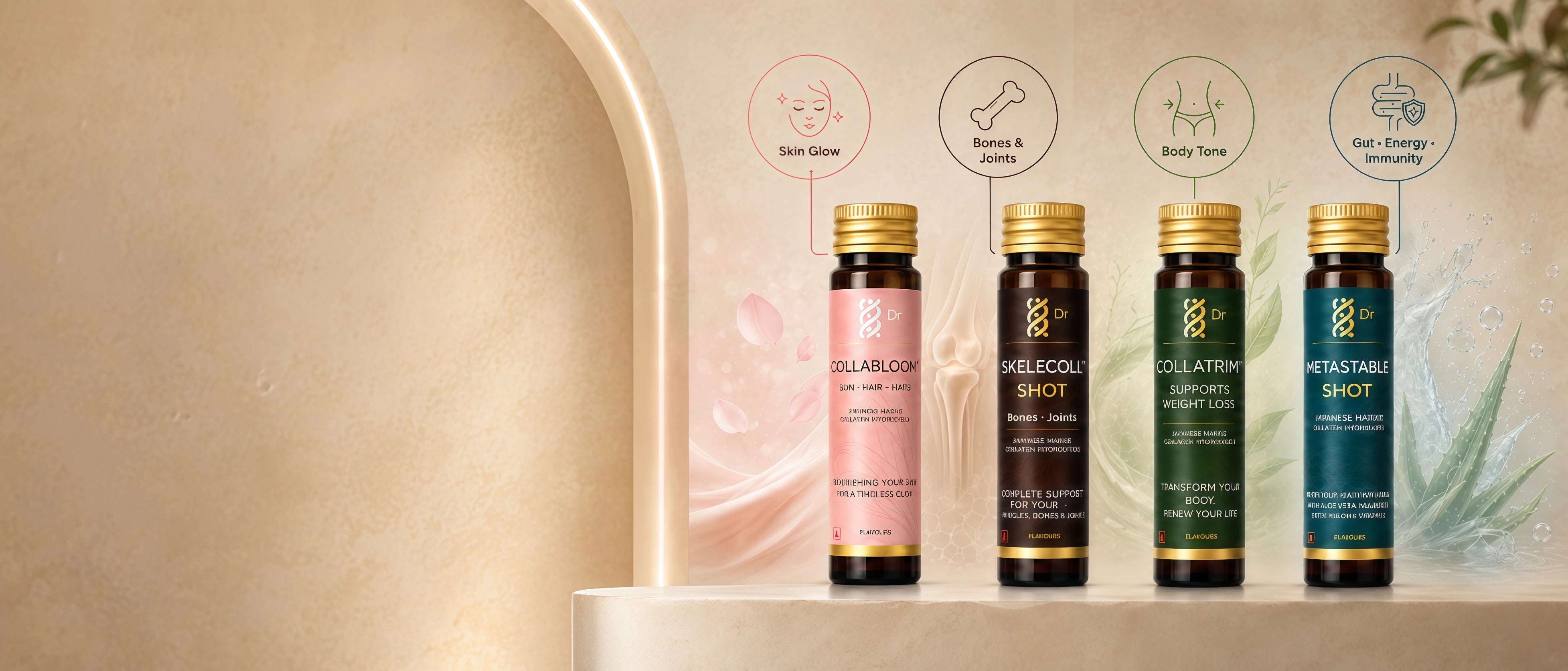 The Dr Collagen marine collagen range — four daily shots